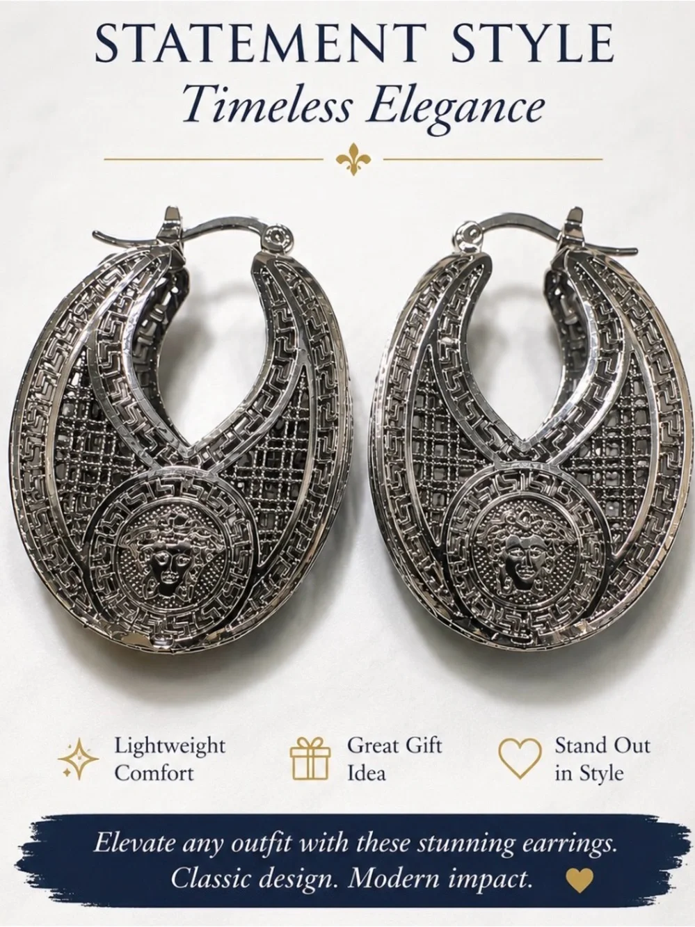 Silver Statement Hoop Earrings - Timeless Elegance Medusa